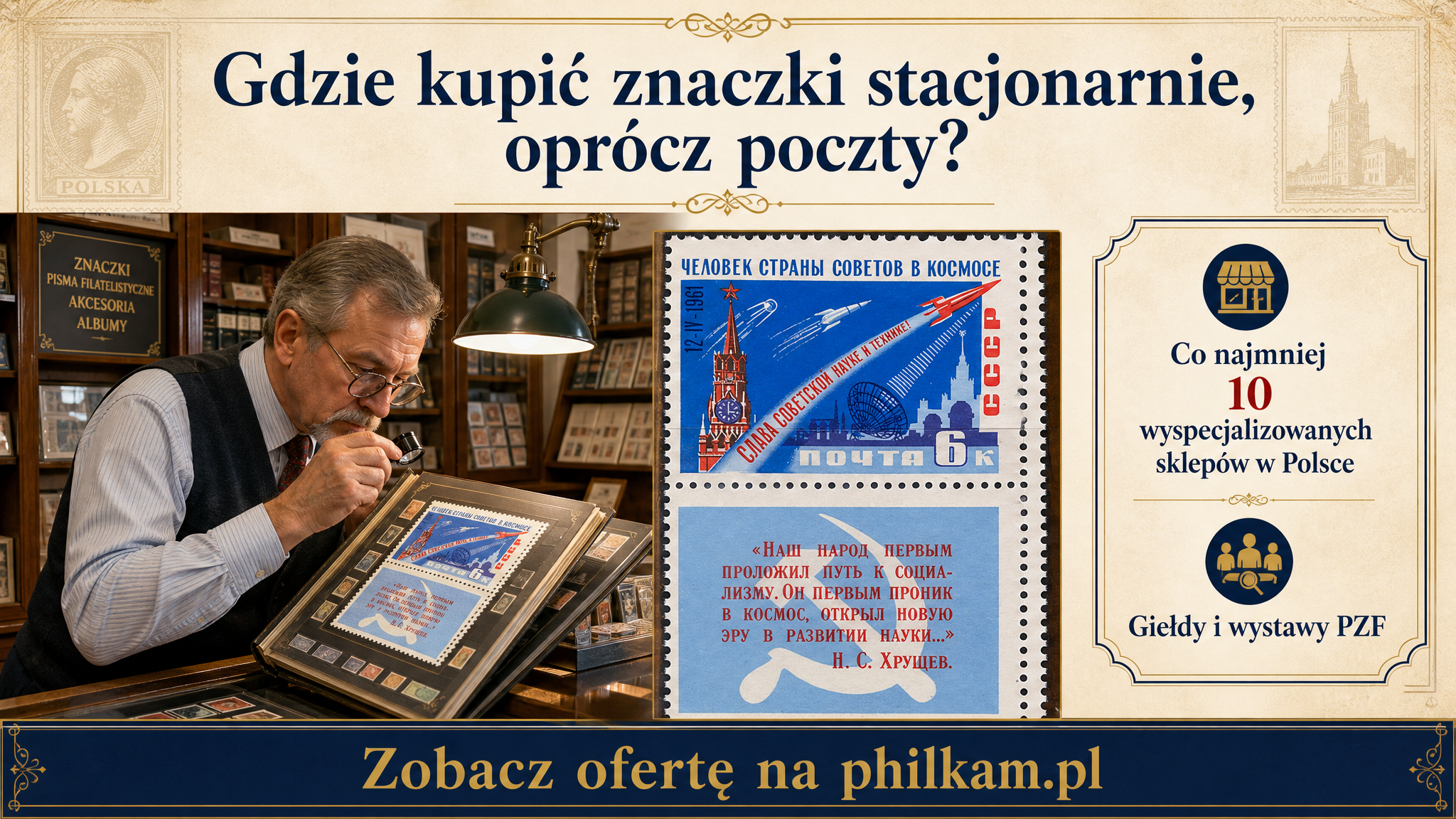 Sklep filatelistyczny stacjonarny - infografika o zakupie znaczków kolekcjonerskich poza pocztą