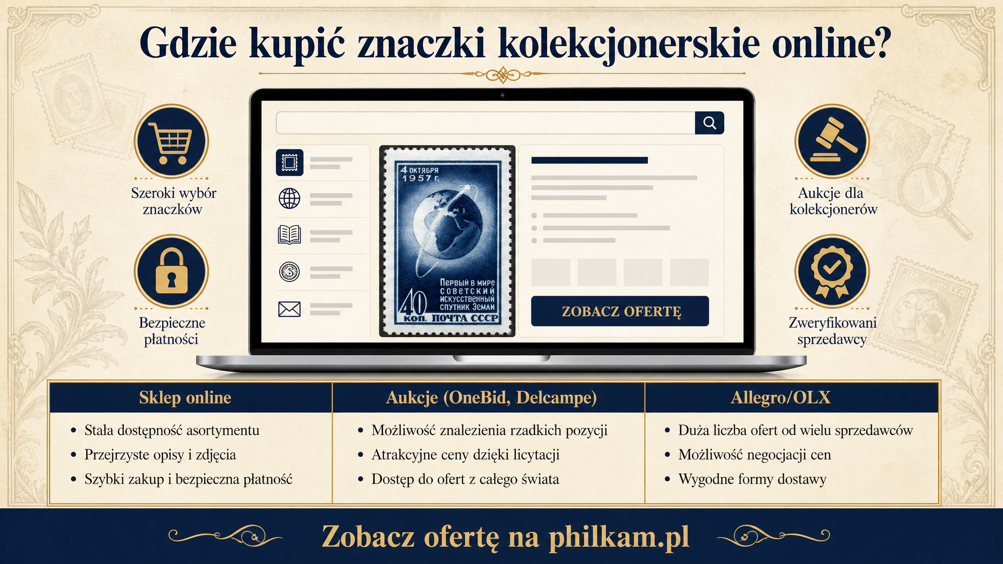 Aukcje i sklepy internetowe ze znaczkami kolekcjonerskimi - infografika porównawcza