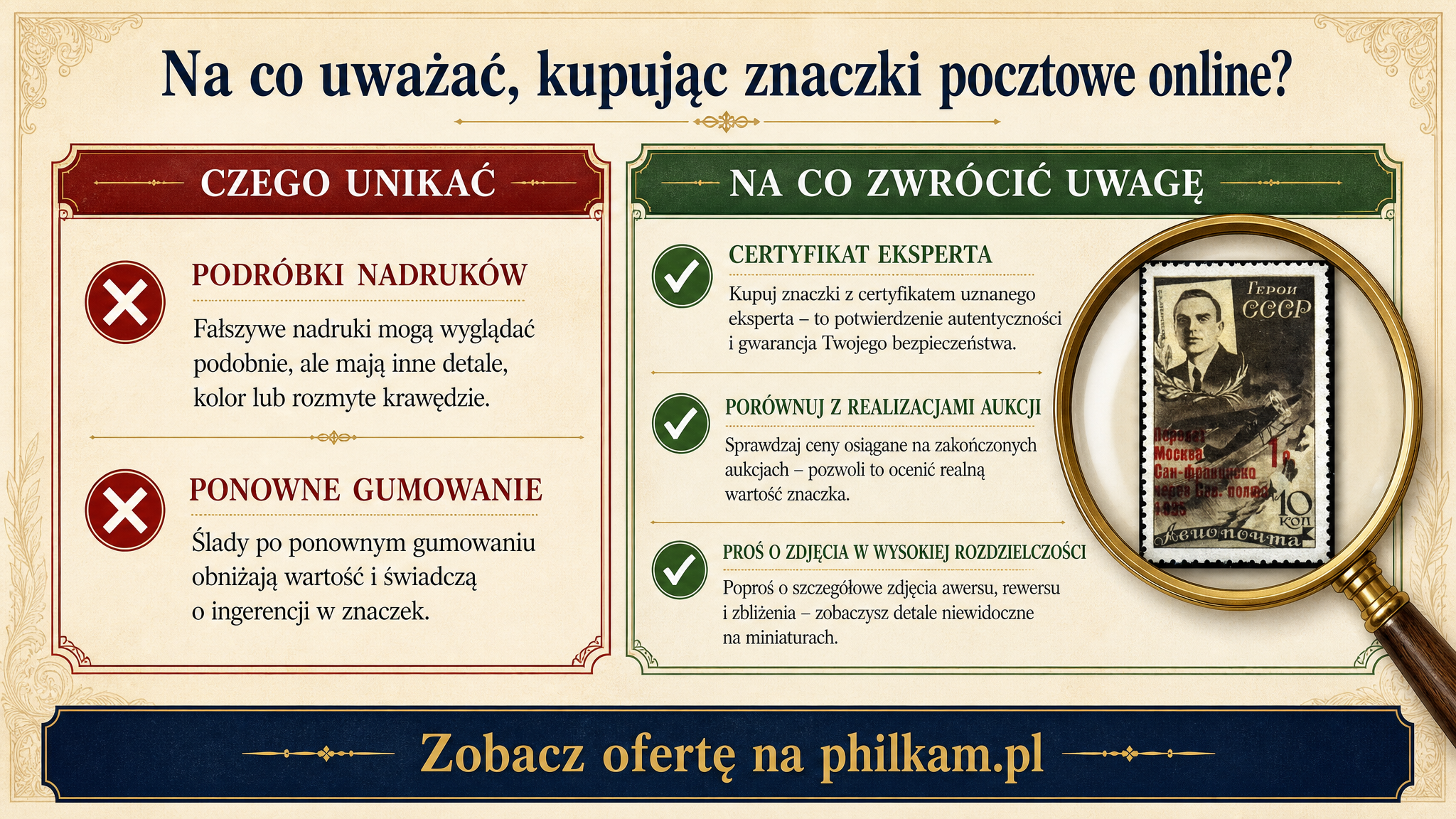 Jak rozpoznać fałszywy znaczek pocztowy przy zakupie online - infografika z poradami