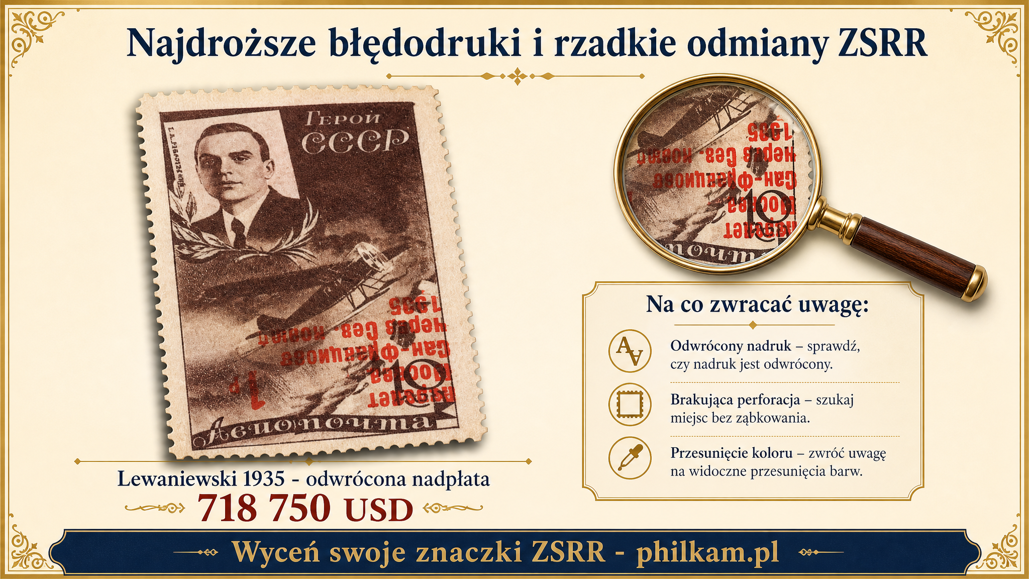 Znaczek Lewaniewski 1935 z odwróconą nadpłatą — przykład najdroższego błędodruku ZSRR