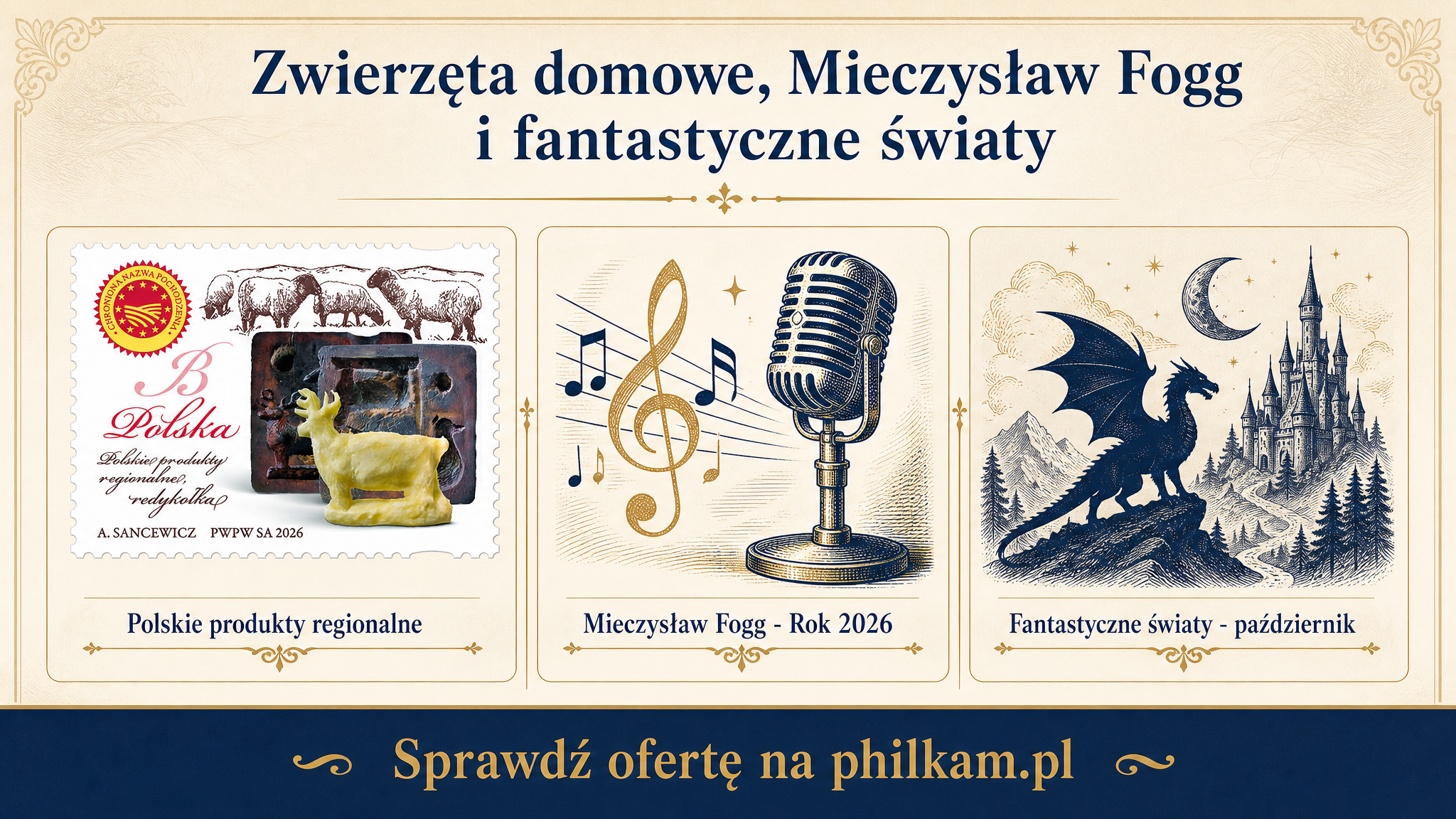 Tematyczne serie znaczków Poczty Polskiej 2026 - zwierzęta domowe, Mieczysław Fogg, fantastyczne światy