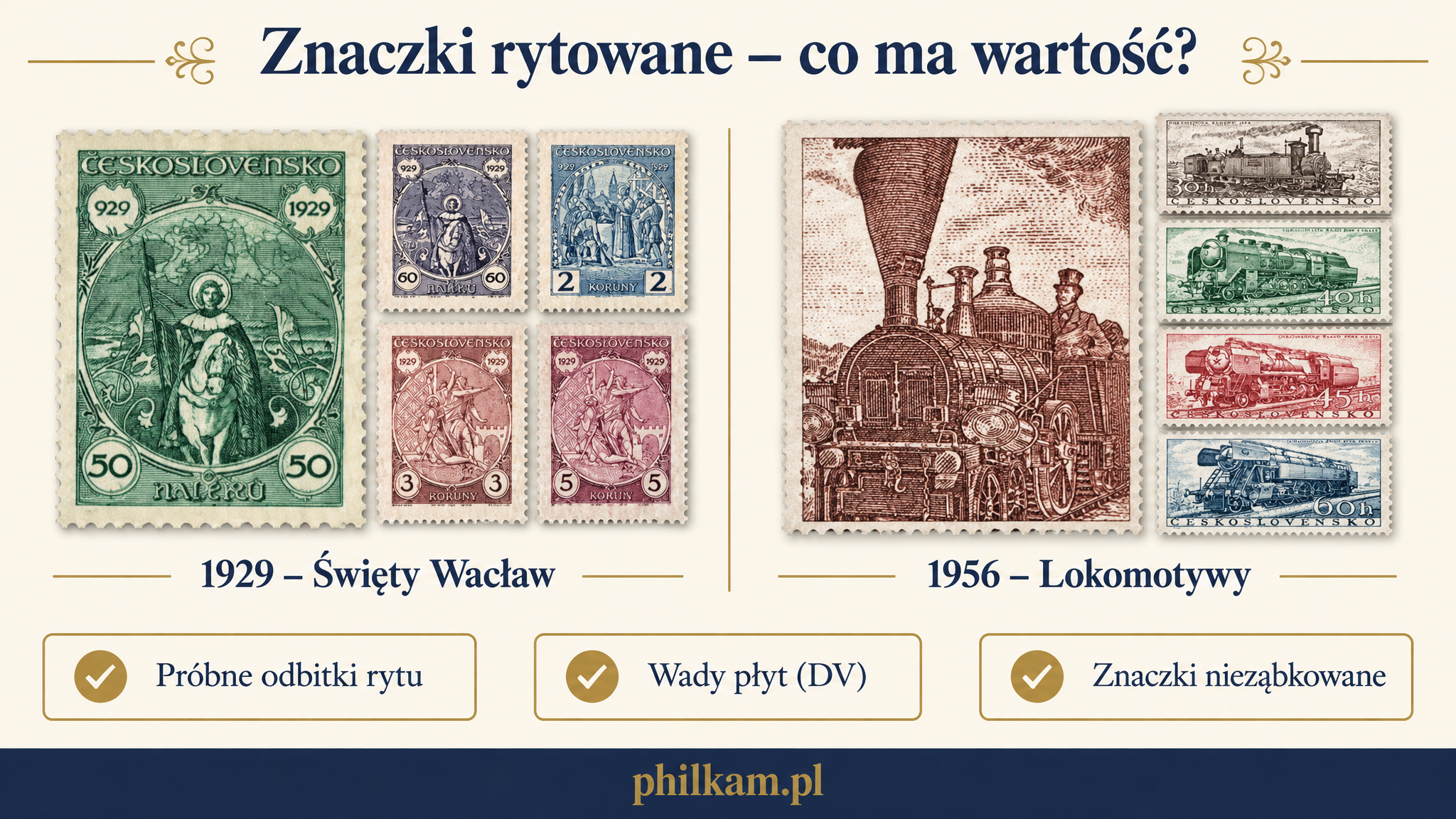 Rytowane znaczki czechosłowackie: seria Święty Wacław 1929 i lokomotywy 1956, jak rozpoznać cenny egzemplarz