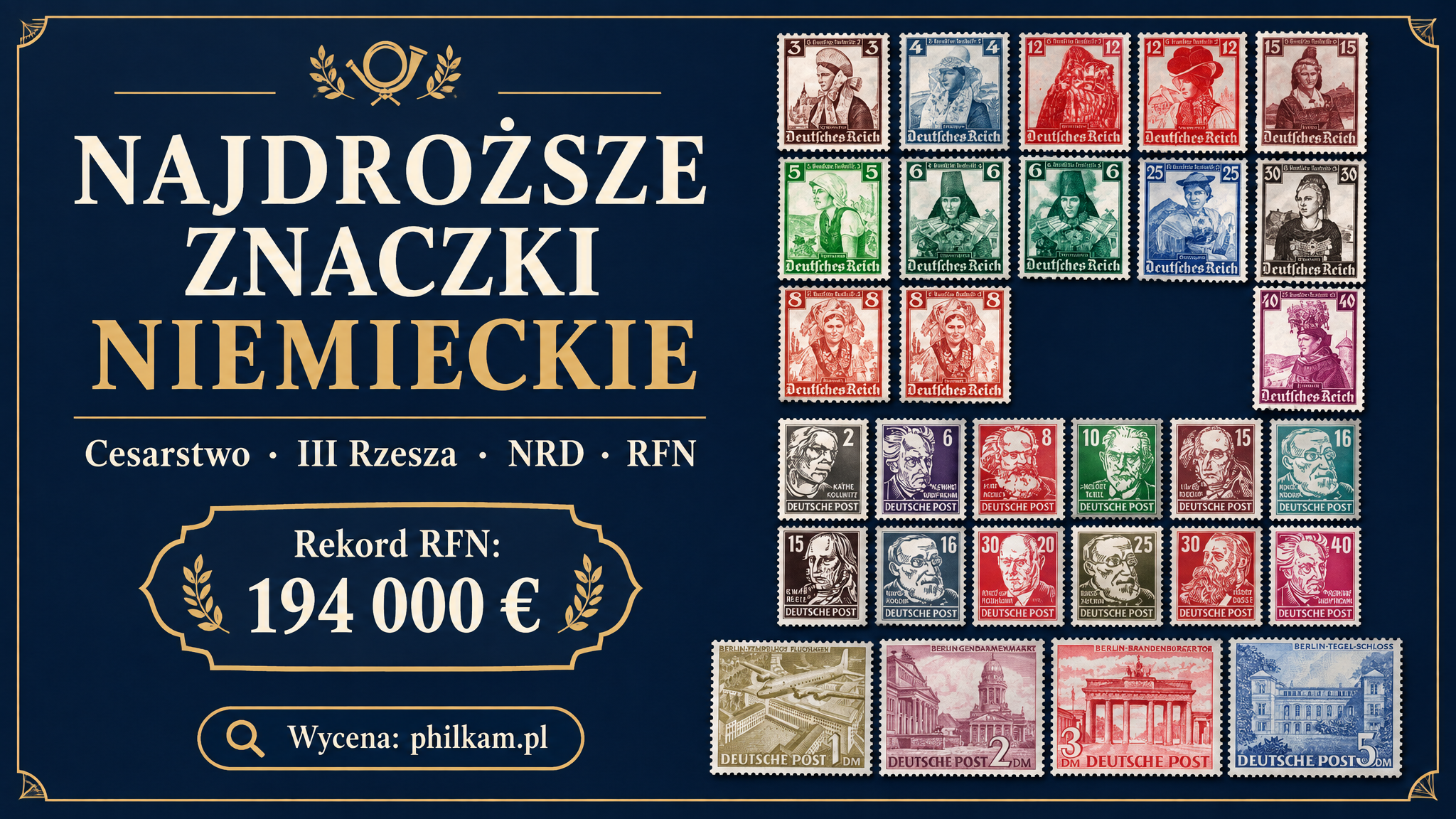 Najdroższe znaczki niemieckie - okładka rankingu cen aukcyjnych 2026