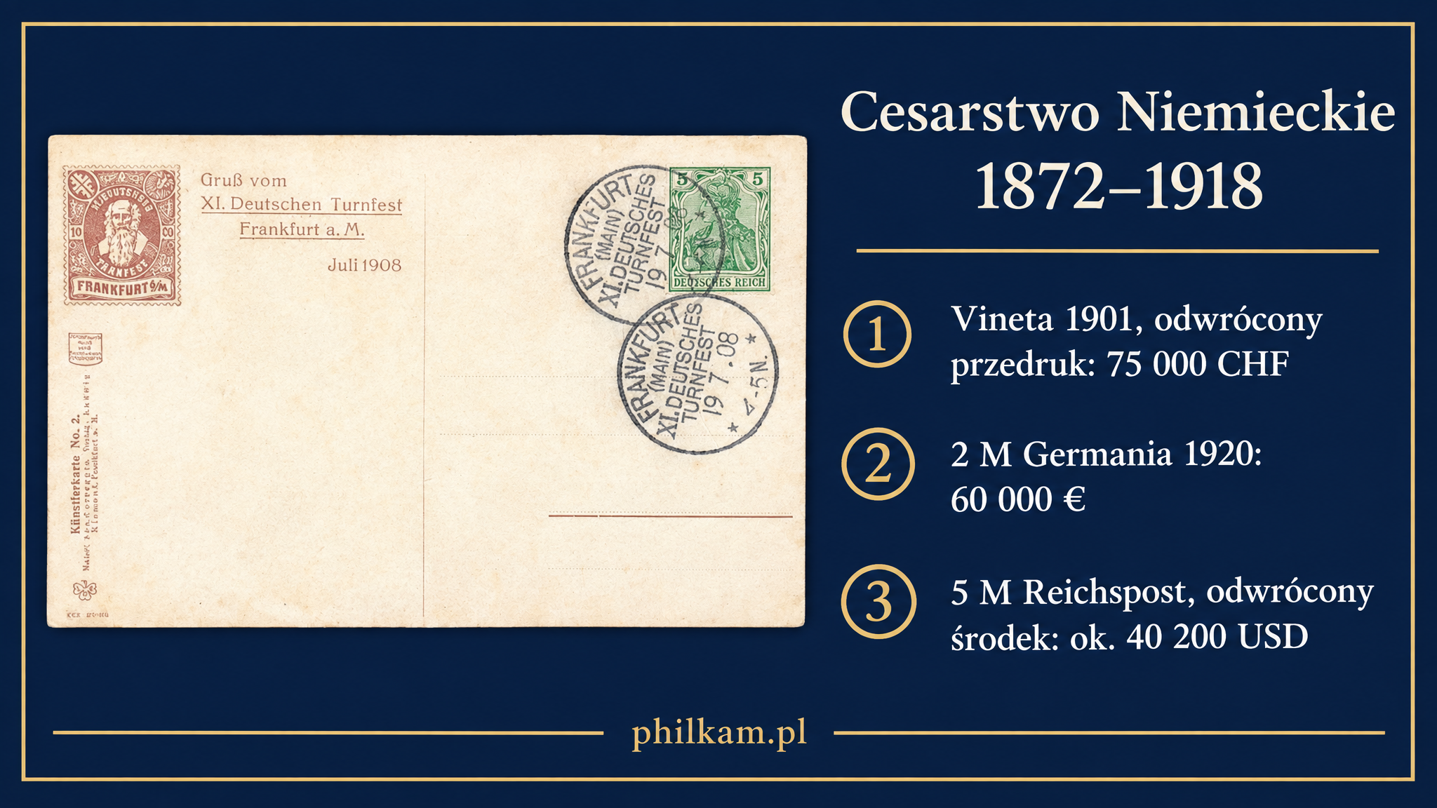 Kartka pocztowa z 1908 roku z nadrukowanym znaczkiem Germania, przykład walorów Cesarstwa Niemieckiego