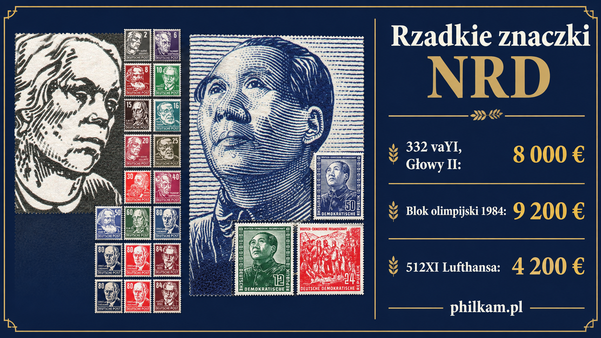 Znaczki NRD z serii Głowy II z 1952 roku i znaczki z Mao Zedongiem z 1951 roku, rzadkie i cenne znaczki NRD