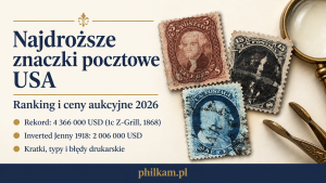 Najdroższe znaczki pocztowe USA - okładka rankingu cen aukcyjnych 2026