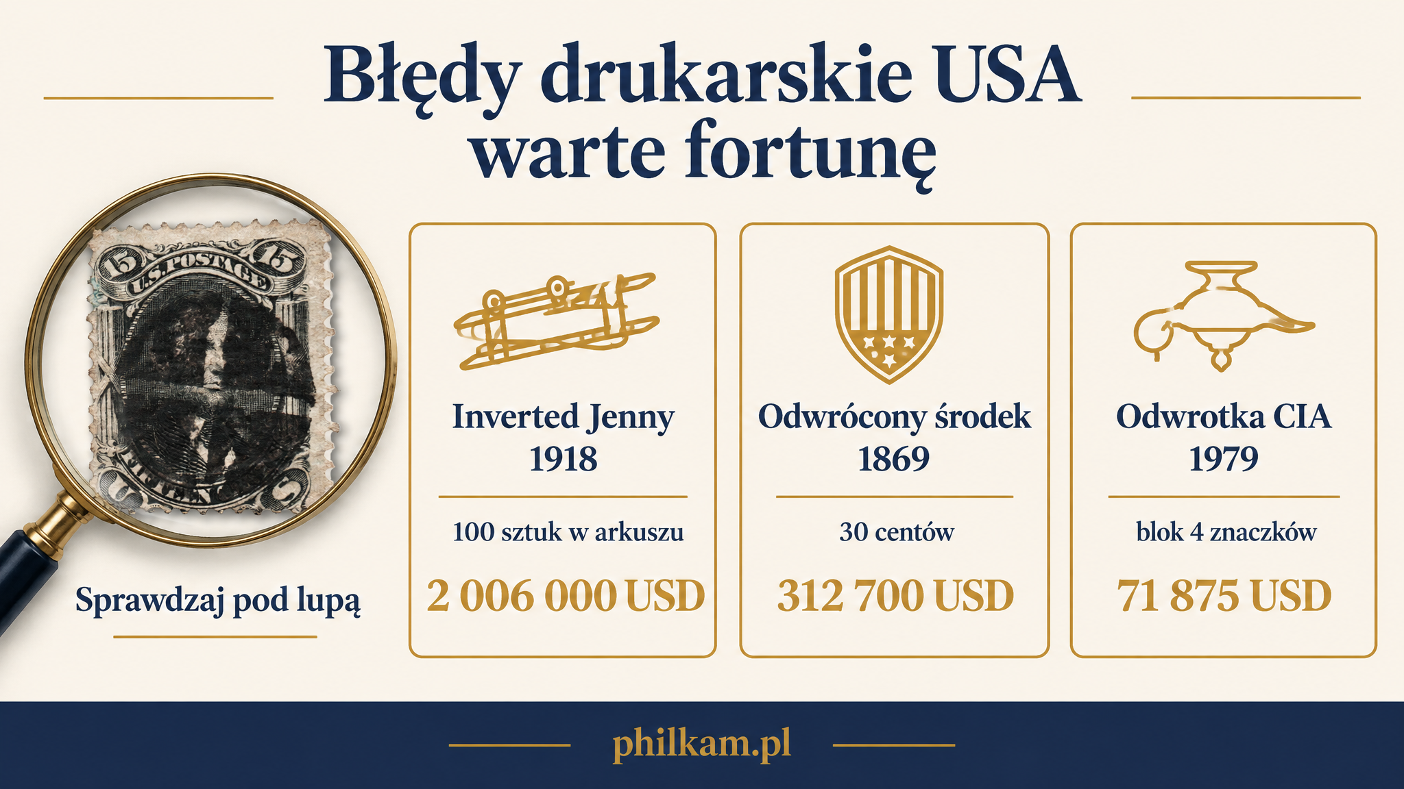 Błędy drukarskie USA warte fortunę: Inverted Jenny 1918, odwrócony środek 1869 i odwrotka CIA 1979 z cenami aukcyjnymi