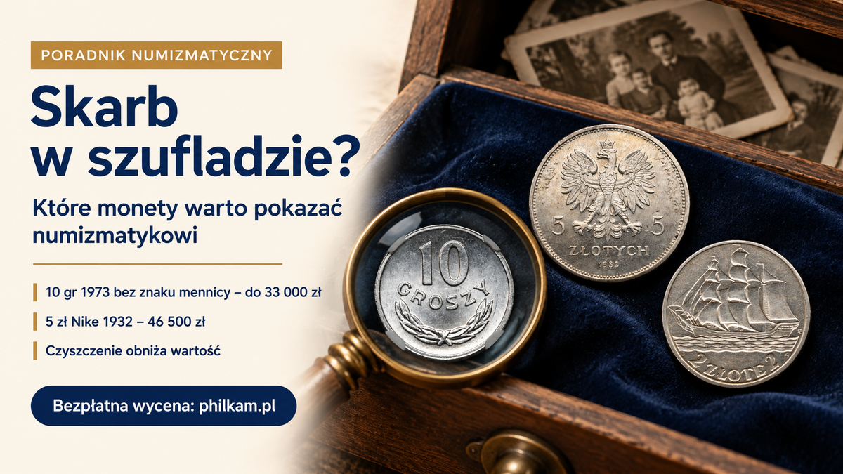 Skarb w szufladzie – 10 groszy 1973, 5 zł 1932 i 2 zł Żaglowiec w szufladzie ze starymi zdjęciami