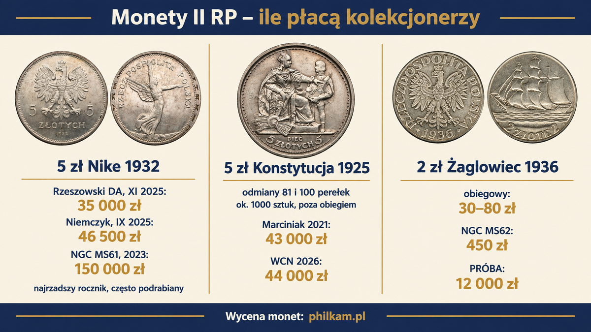 Srebrna pięciozłotówka Nike z 1932 roku i inne monety przedwojenne II Rzeczypospolitej na infografice o wycenie