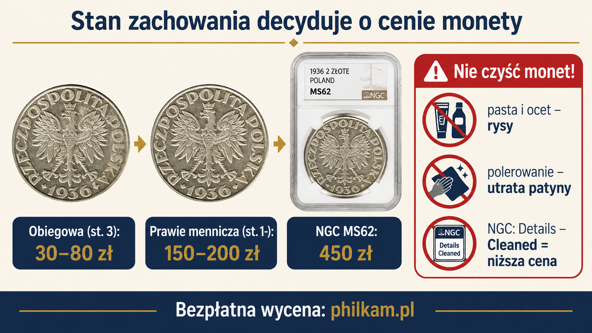 Moneta 2 zł Żaglowiec 1936 w trzech stanach zachowania z cenami – stan zachowania a wartość monety