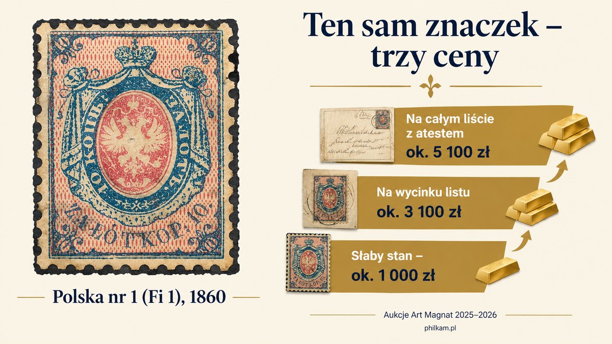 Polska nr 1 z 1860 roku – ceny aukcyjne pierwszego polskiego znaczka pocztowego od słabego egzemplarza do listu z atestem