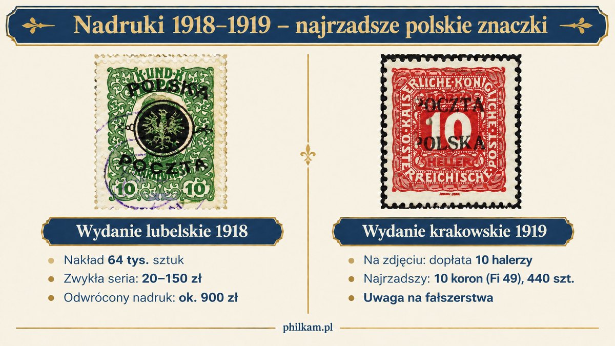 Nadruki POLSKA POCZTA na znaczku lubelskim z 1918 roku i POCZTA POLSKA z wydania krakowskiego 1919 – rzadkie polskie znaczki