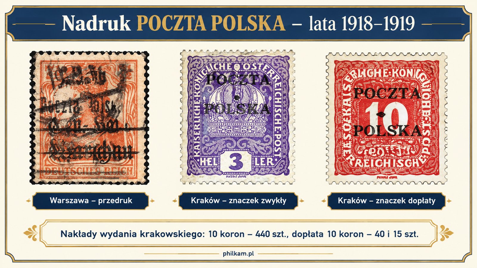 Nadruk POCZTA POLSKA z wydania krakowskiego 1919 i warszawskie przedruki Gen.-Gouv. Warschau – rzadkie polskie znaczki, infografika