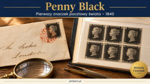 Penny Black – pierwszy znaczek pocztowy na świecie z 1840 roku z profilem królowej Wiktorii