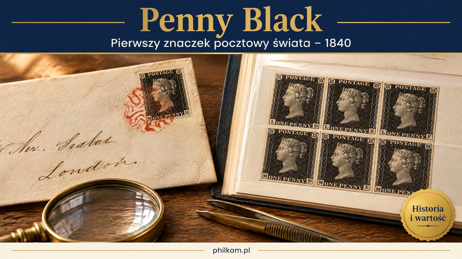 Penny Black – pierwszy znaczek pocztowy na świecie z 1840 roku z profilem królowej Wiktorii