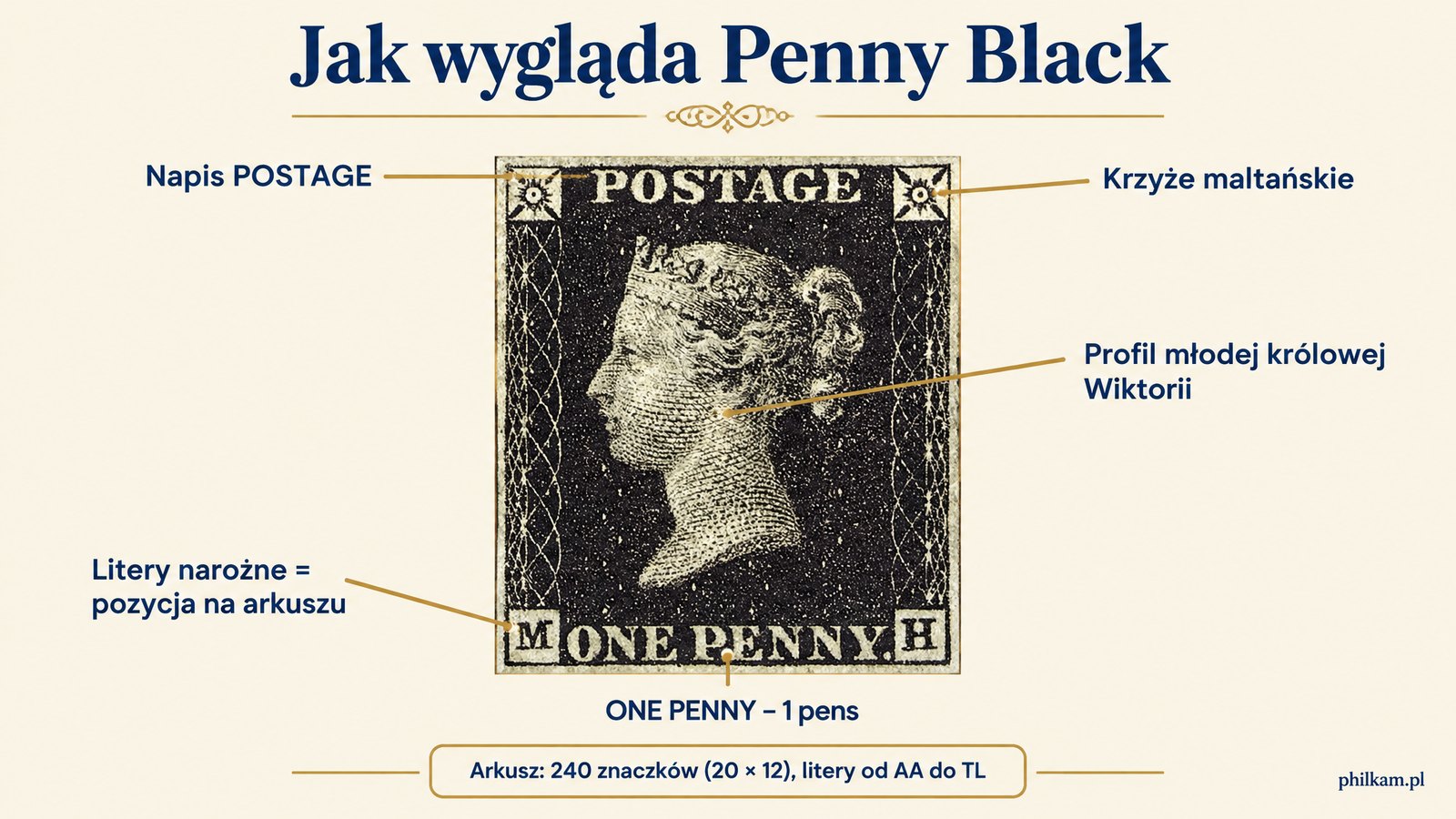 Penny Black z bliska – napis Postage, krzyże maltańskie i litery w dolnych narożnikach, infografika