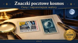 Znaczki pocztowe kosmos – znaczek First Man on the Moon z 1969 roku i radziecki znaczek ze Sputnikiem z 1957 roku