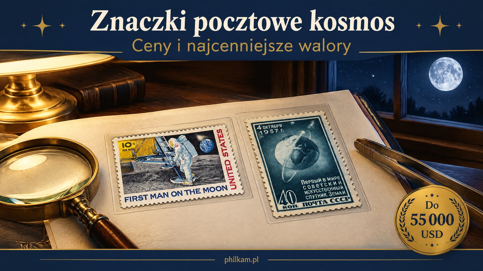 Znaczki pocztowe kosmos – znaczek First Man on the Moon z 1969 roku i koperta z misji Apollo 15