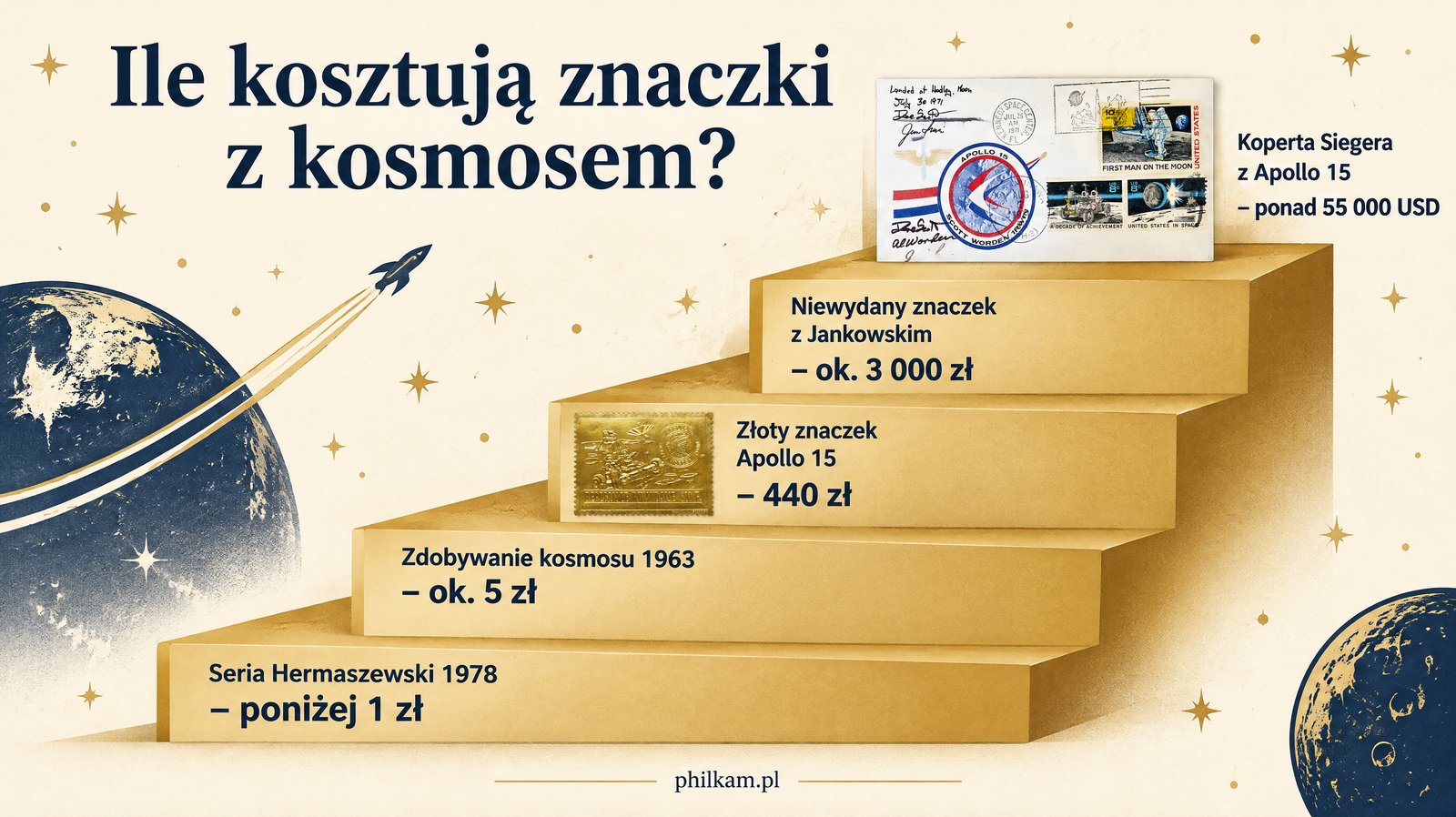 Ile kosztują znaczki pocztowe kosmos – od zwykłej serii do koperty z Księżyca, infografika